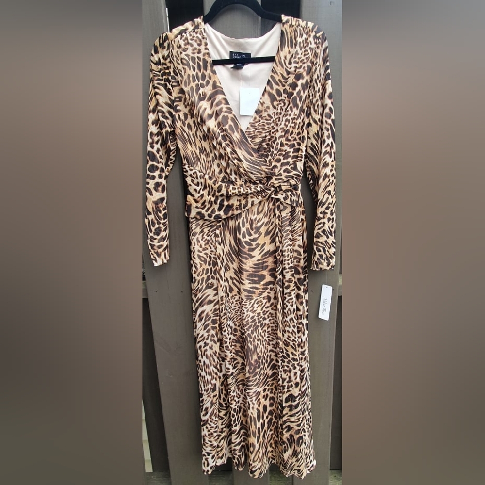Leopard Print Long Sleeve Wrap Maxi Dress - Tan